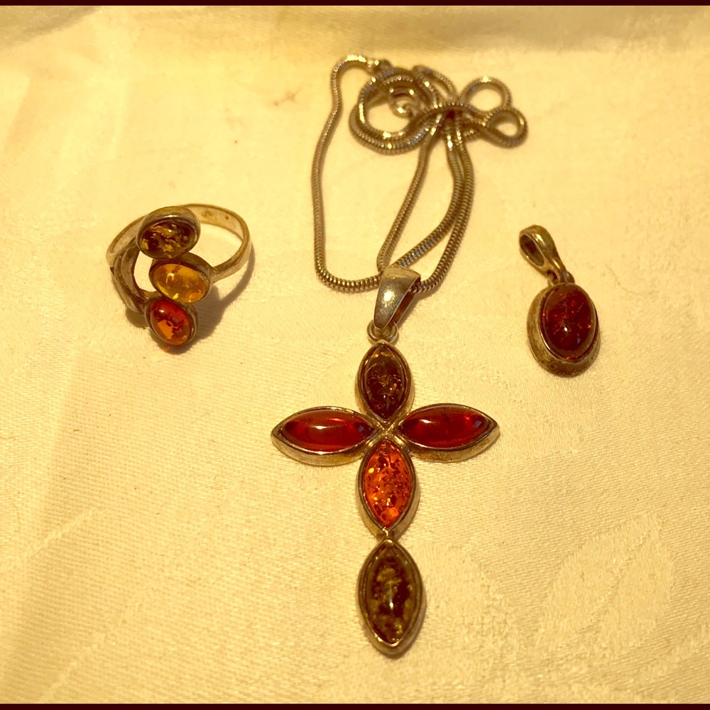 Amber cross pendent, ring and small pendent